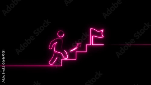 Neon Pink Figure Climbing Stairs Towards Flag person