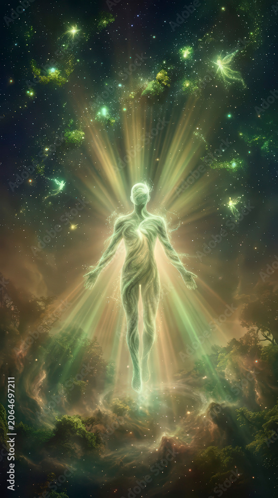 Fototapeta premium Luminous Ethereal Divine Light Being Standing in Cosmic Space with God Rays and Energy Particles Spiritual Ascension