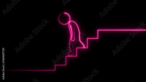 Neon Pink Stick Figure Descending Stairs  4k video icon animation 