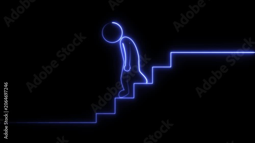 Neon Blue Stick Figure Descending Stairs 4k video icon animation  
