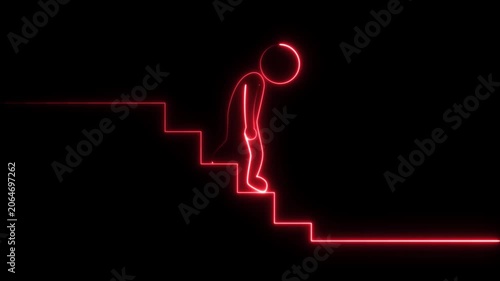 Neon Red Stick Figure Descending Stairs 4k video icon animation 