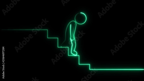 Neon Green Stick Figure Descending Stairs  4k video icon animation 