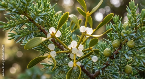 Mistletoe growing on a pine tree branch with white berries and green needles.