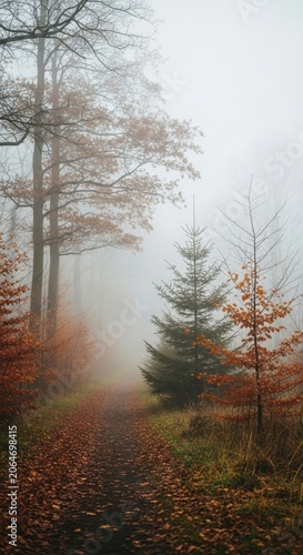 Misty Autumn Forest Path with Colorful Leaves and Tall Trees.