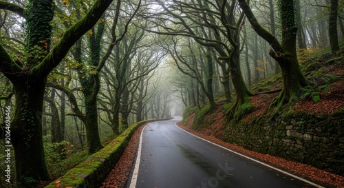 Misty Forest Road Lined with Ancient Trees.
