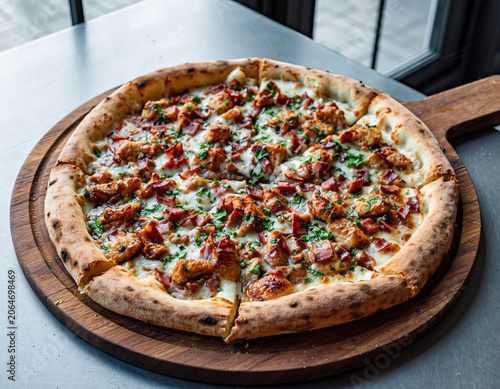 Freshly Baked Artisan Pizza on Wooden Board in Restaurant