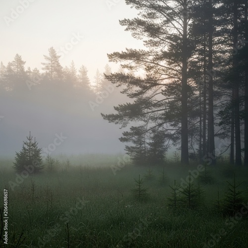 Misty Forest Sunrise with Tall Pine Trees and Green Grass.