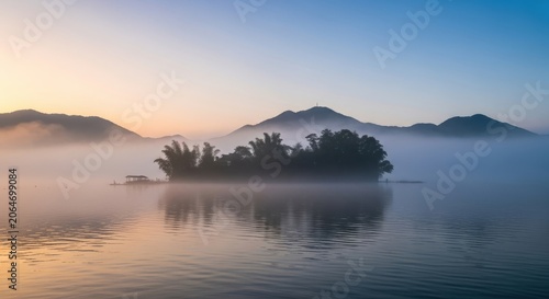 Misty Sunrise Over a Serene Lake with Island and Mountains.