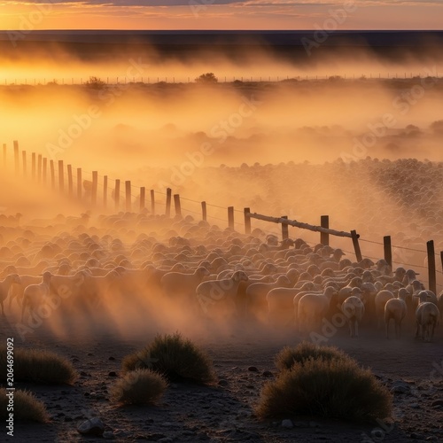 Misty Sunrise Over a Rural Landscape with Wooden Fence.
