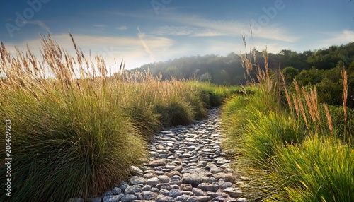 pebble path with tall grass
