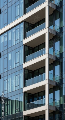 Modern Apartment Building Facade with Glass and Balconies.
