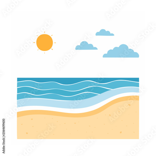 Flat design beach landscape with sun and clouds
