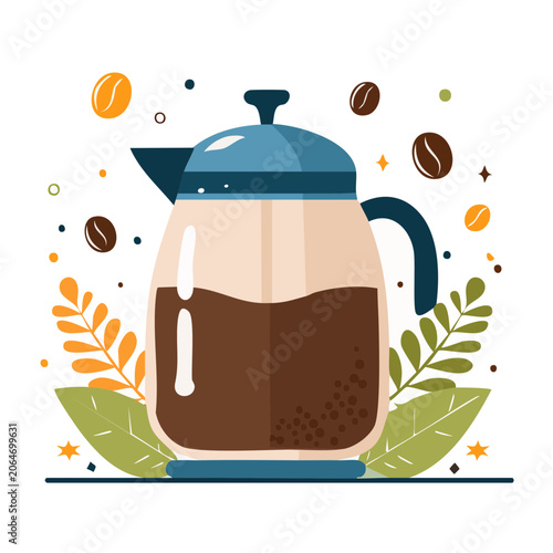 Flat design illustration of a French press coffee maker
