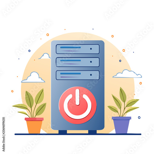 Flat design illustration of a server with power button