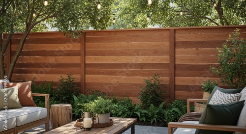 Modern backyard patio with wooden fence and comfortable seating area.