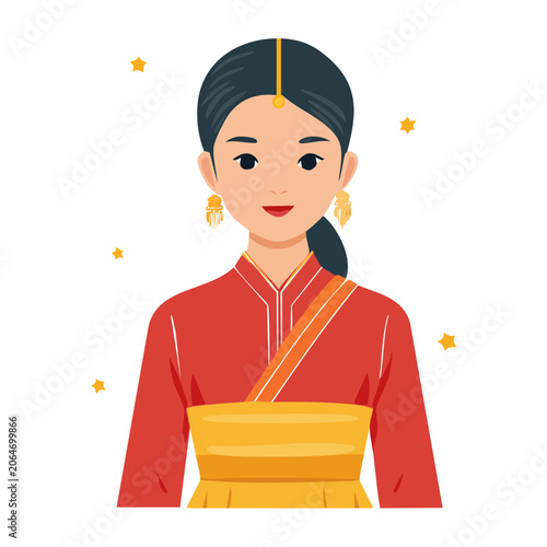 Woman in traditional red and yellow dress illustration