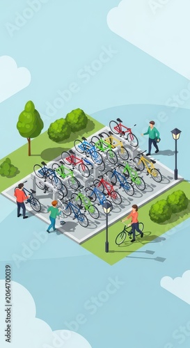 Modern Bicycle Parking Area with People and Greenery.