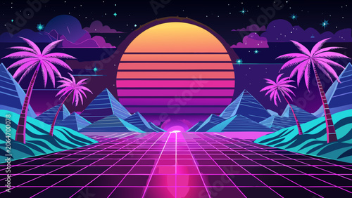 Retro synthwave tropical landscape with neon palm trees and glowing sunset horizon synthwave retrowave landscape tropical aesthetic cyberpunk futuristic nostalgia wallpaper illustration