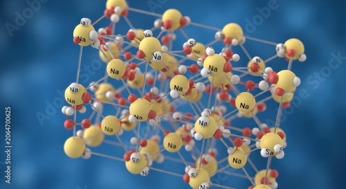 Molecular structure of a crystal lattice with atoms connected by bonds.