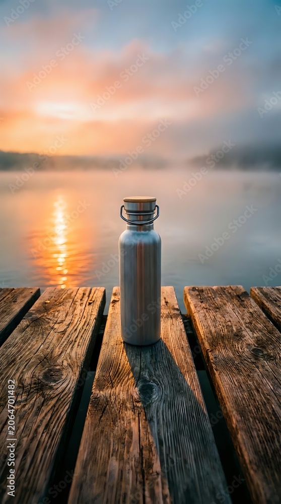 Fototapeta premium Stainless steel water bottle with handle sitting on wooden dock at sunrise over misty lake, ideal for outdoor recreation and lifestyle marketing.