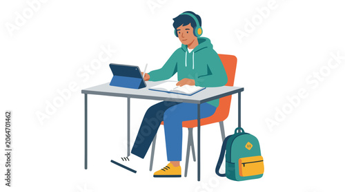 Young student wearing headphones studies on a tablet at a desk with a backpack nearby