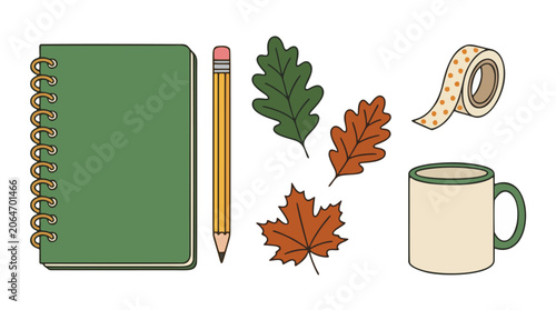 Autumn stationery flat lay with notebook pencil leaves washi tape and mug for journaling and crafting