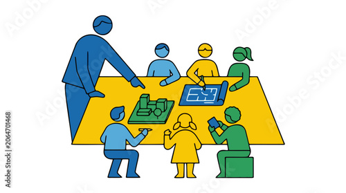 Diverse team collaborates on architectural project with blueprints and models at a meeting table