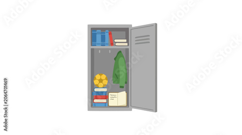 Open gray school locker filled with books, a soccer ball, and a green jacket