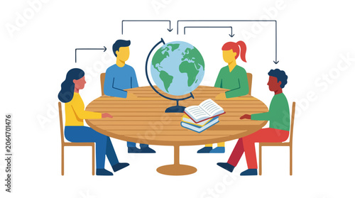 Diverse group of people collaborating around a globe and books on a wooden table