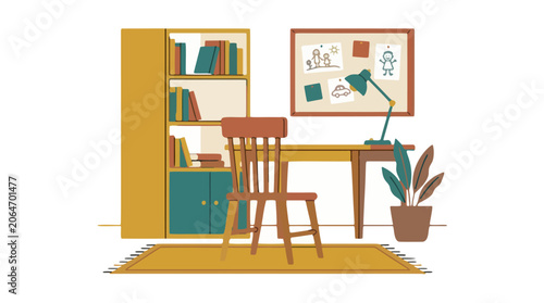 Cozy Home Study Area With Bookshelf Desk Chair and Potted Plant