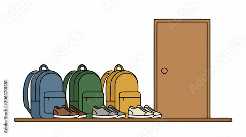 Three colorful backpacks and pairs of sneakers lined up on a shelf next to a closed wooden door