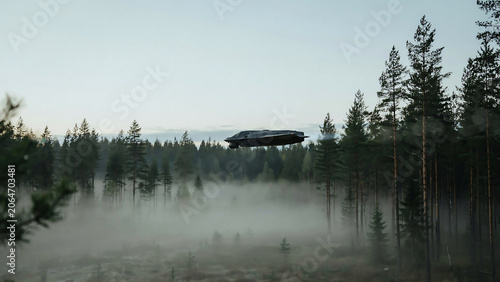 Futuristic Stealth Aircraft Flying Over Misty Pine Forest at Dawn