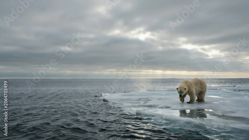Majestic Polar Bear on Melting Arctic Ice Floe Under Cloudy Sky, Symbolizing Climate Change and Wilderness