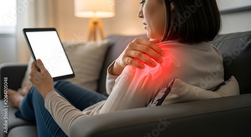 Prolonged Tablet Use While Sitting on Sofa Causing Shoulder Muscle Pain and Fatigue