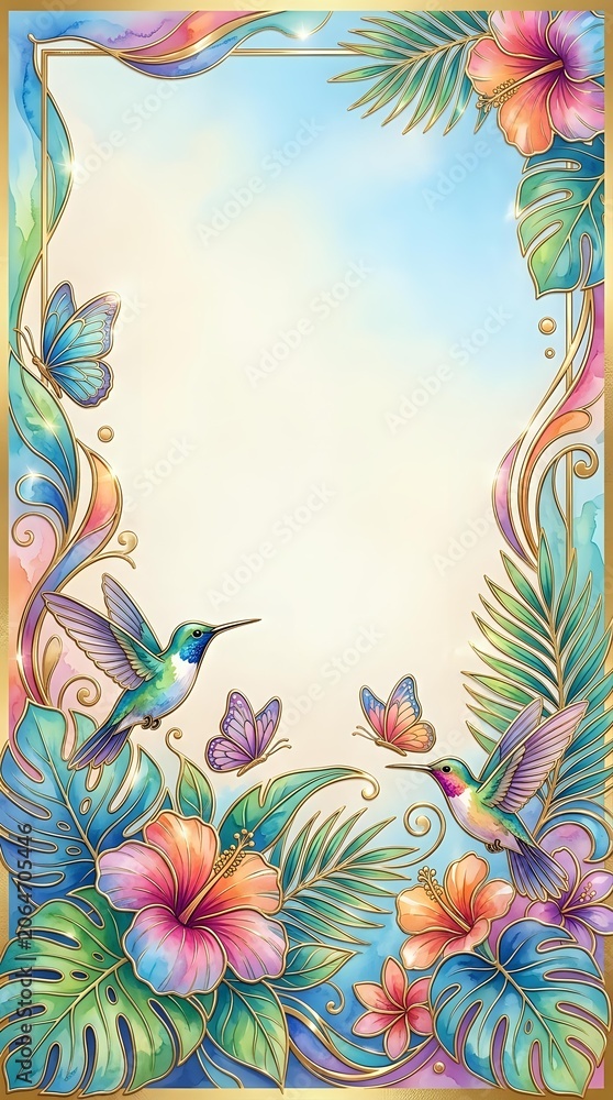 Fototapeta premium Colorful tropical frame with hummingbirds, butterflies, hibiscus flowers, and palm leaves in pastel watercolor style with gold accents.
