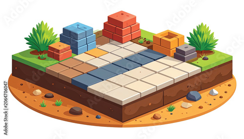 Colorful blocks on a grid base.