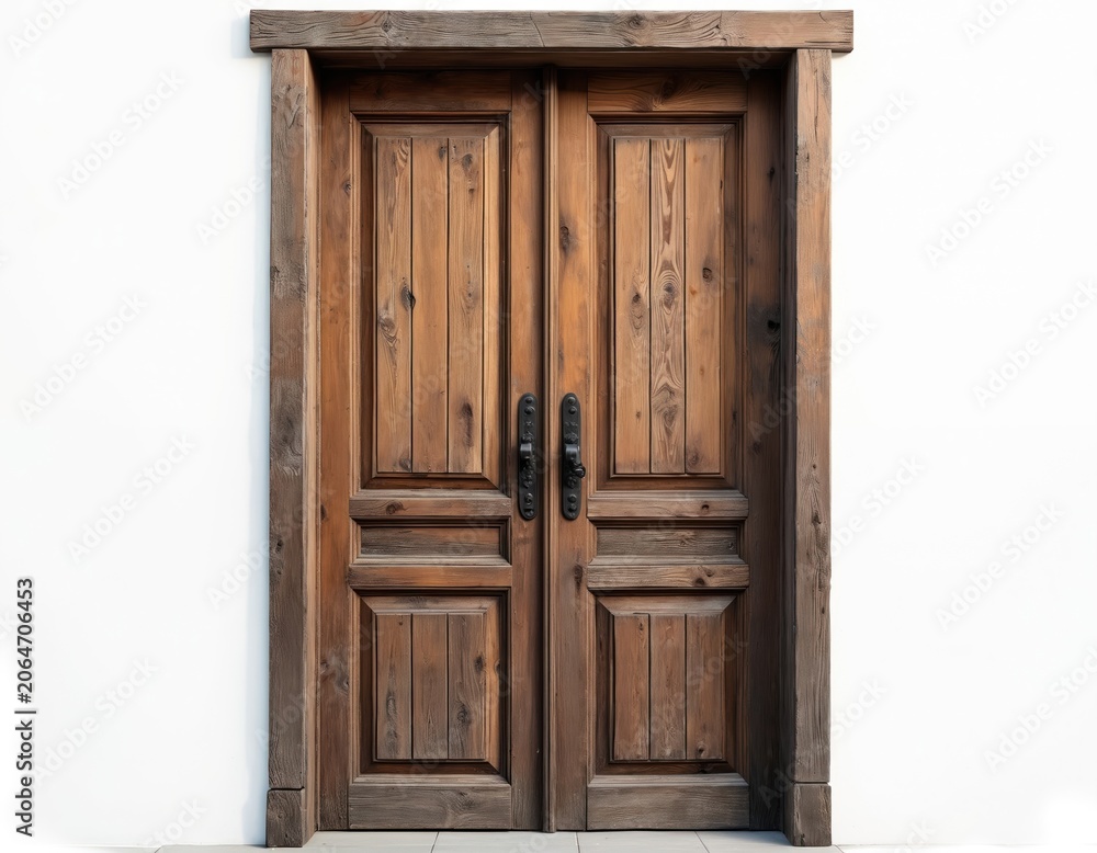 Obraz premium Old double wooden doors stand on white. Antique doorway in rustic style. Ancient gate detail shows timber texture. Entrance to building or home with aged grunge design with weathered planks.