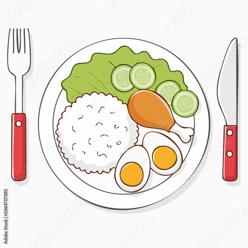 Cartoon Meal Plate with Rice, Fried Chicken, Eggs, and Salad