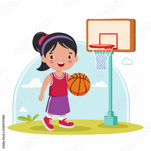 Cartoon Girl Playing Basketball