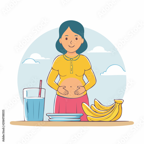 Pregnant Woman Holding Belly with Healthy Food Items