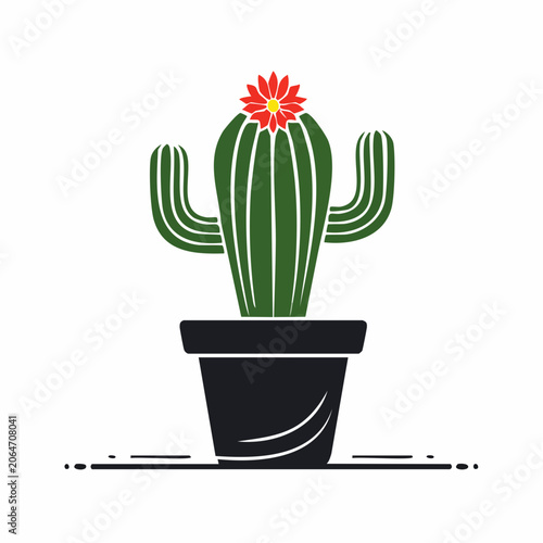 Potted Cactus with Red Flower Illustration
