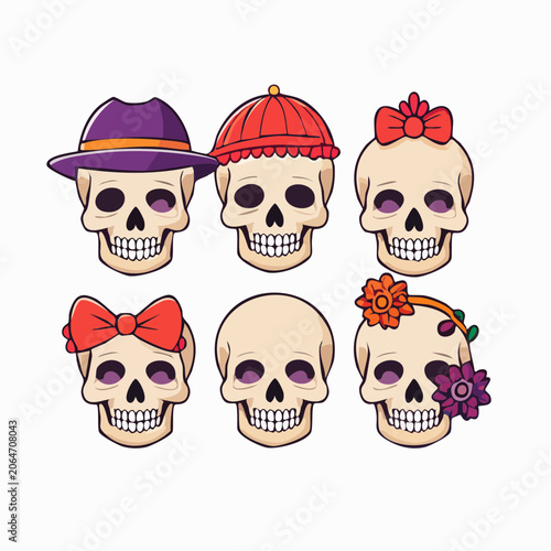 Set of Six Cartoon Skulls with Decorative Accessories