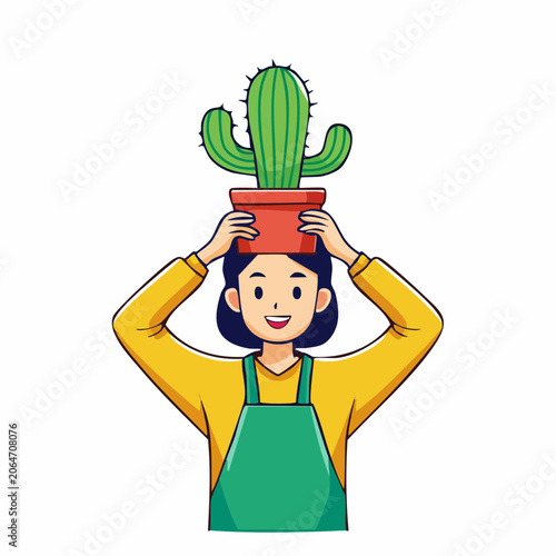 Woman Holding Potted Cactus on Head