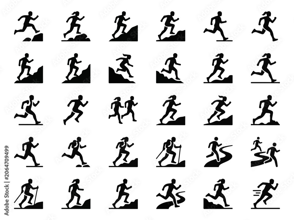 Fototapeta premium Running Sports Icons Set of People Jogging Hiking and Trail Running Vector Silhouettes