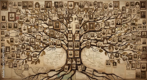 Vintage Family Tree with Historical Photographs and Genealogy Records