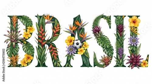 Botanical typography of Brazil with exotic plants and football made of tropical flowers and illustration.