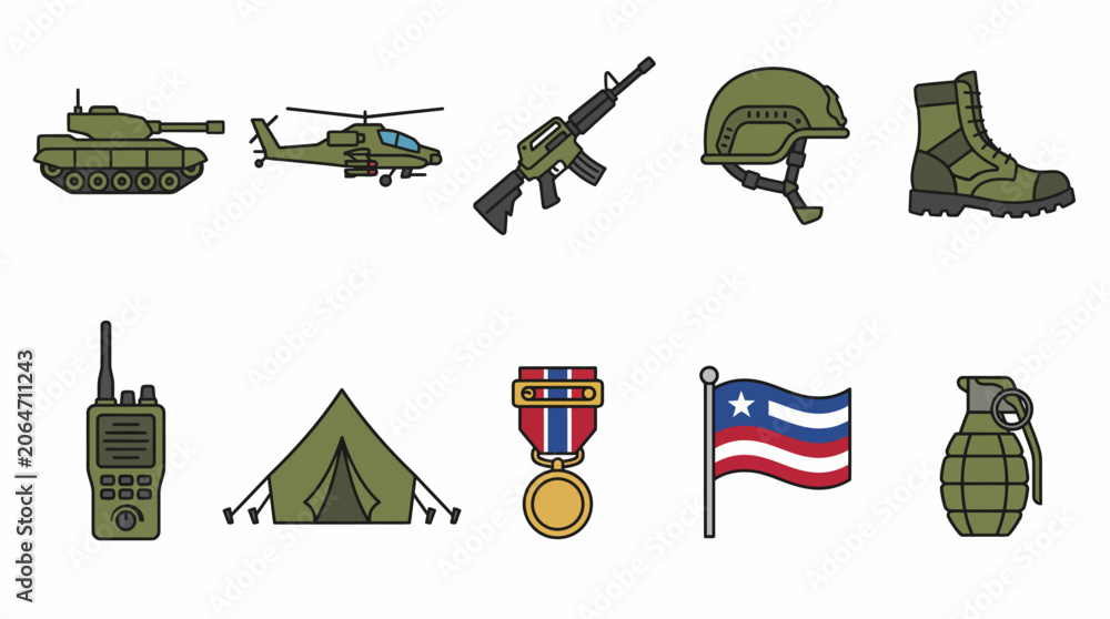 Naklejka premium Military and patriotic symbols flat vector icons set.