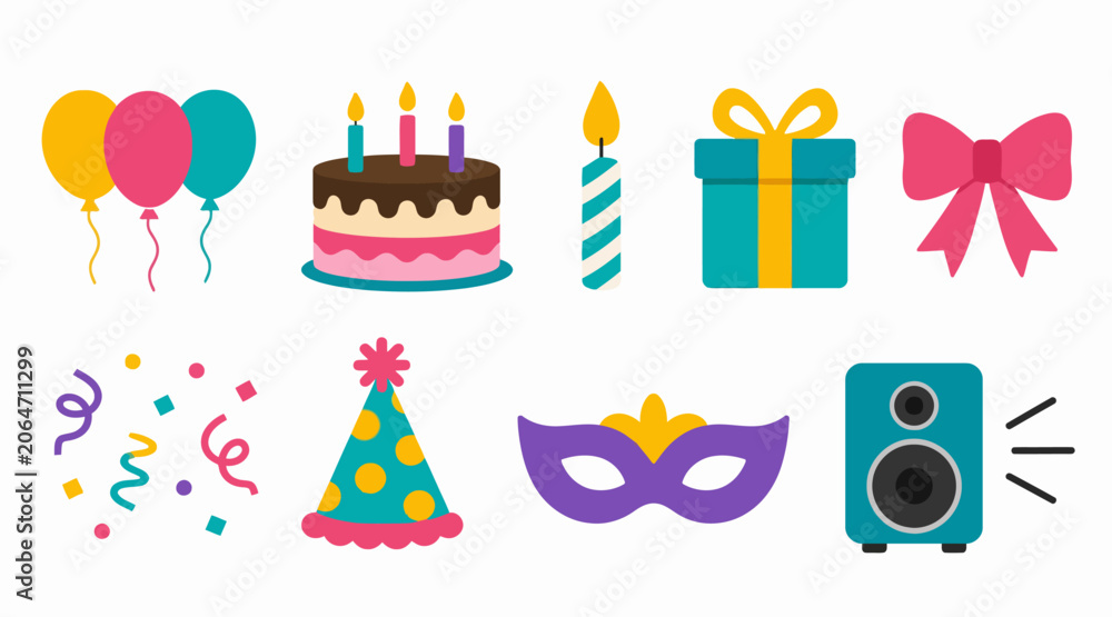 Fototapeta premium Colorful birthday party icons and celebration symbols.