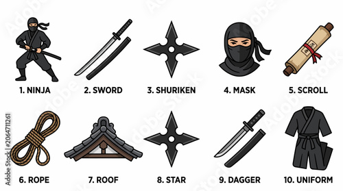 Fotografie Collection of ninja weapons and traditional attire icons.