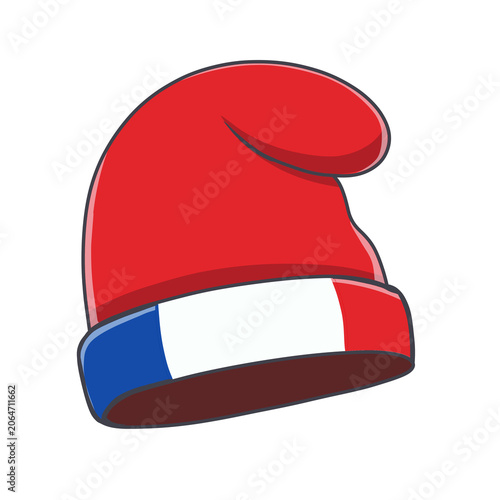A flat cartoon illustration of a red Phrygian cap featuring the blue, white, and red colors of the French flag on its brim